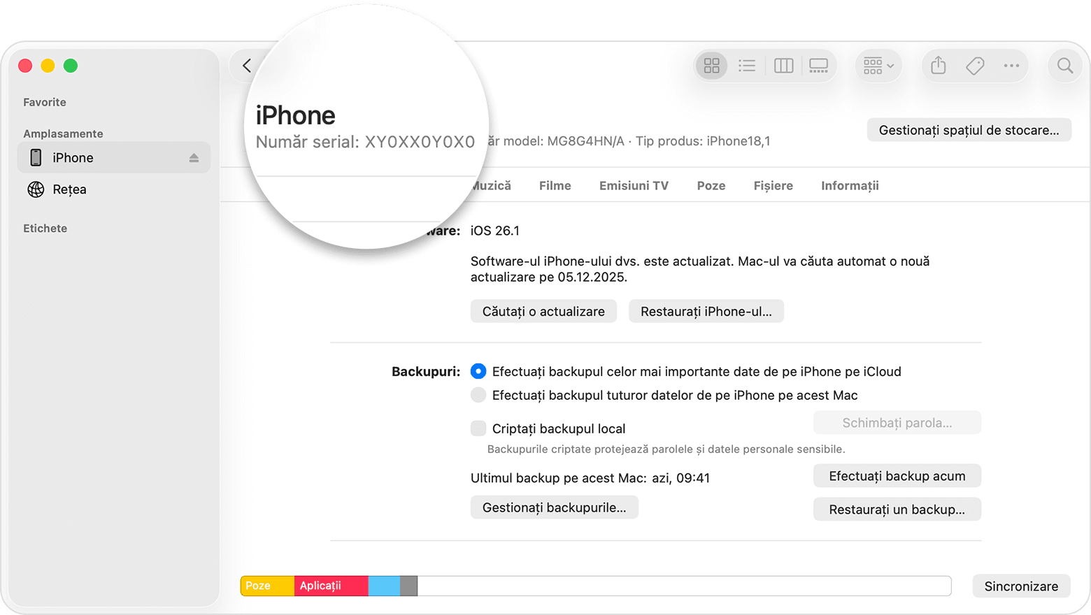 Finder showing iPhone serial number